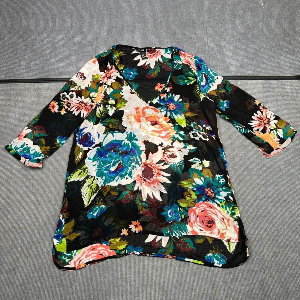 HM Floral V-Neck Tunic Y2k Top Black Multi Color 3/4 Sleeve Size 8 Vintage